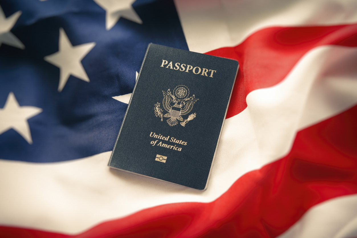US passport on the american flag